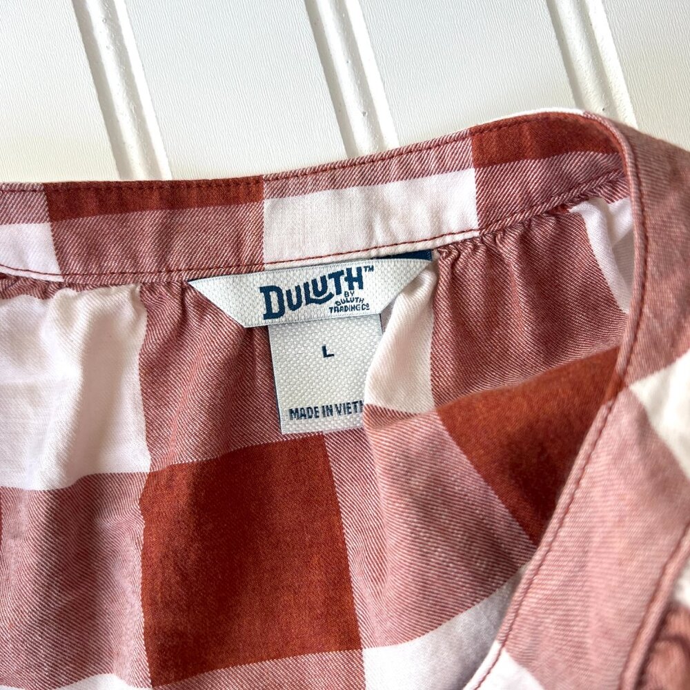 Duluth Trading Co Printmaker Blouse Women L Orange Check Organic Cotton Button - Picture 3 of 9